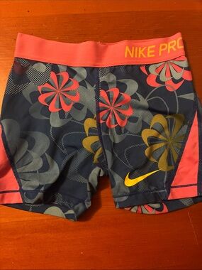 Nike Navy Floral Athletic Compression Shorts with Pink Trim
